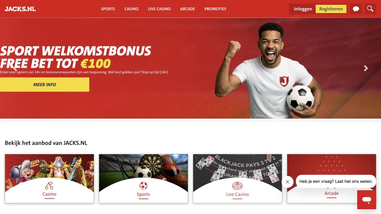 JACKS.NL-website uit augustus 2026 met Sports, Casino, Live Casino en Arcade