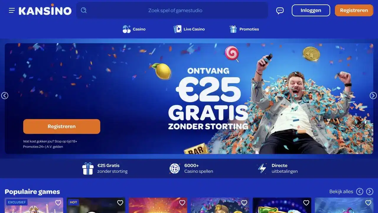 Eerdere Nederlandse Kansino-homepage met Casino en Live Casino