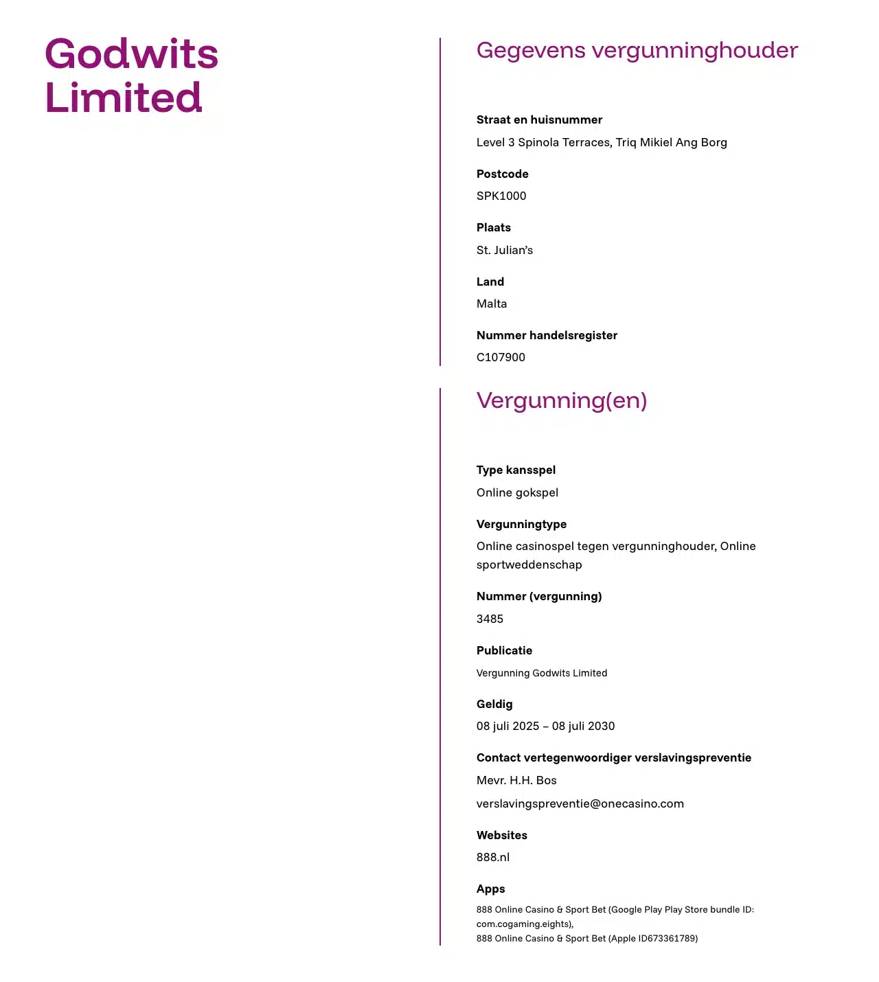 De registerpagina van Godwits Limited met het adres en de preventiemedewerker