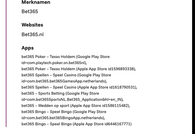 De apps van bet365 in het register, met een pokerapp op naam van een andere ontwikkelaar