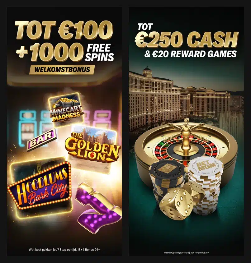 Officiële Nederlandse app-afbeeldingen van BetMGM met de welkomstbonus en het live casino
