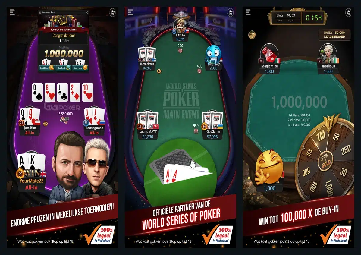 Historische Nederlandse GGPoker-appbeelden met toernooiresultaat, WSOP-tafel en Spin & Gold