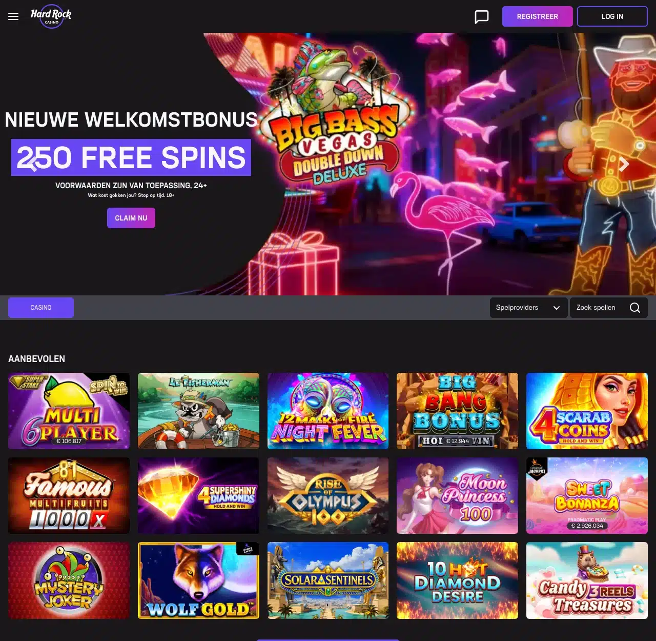 Historische Hard Rock-homepage met donkere vormgeving en neonbeelden