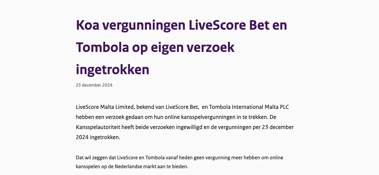 Het bericht van de toezichthouder over de ingetrokken vergunningen