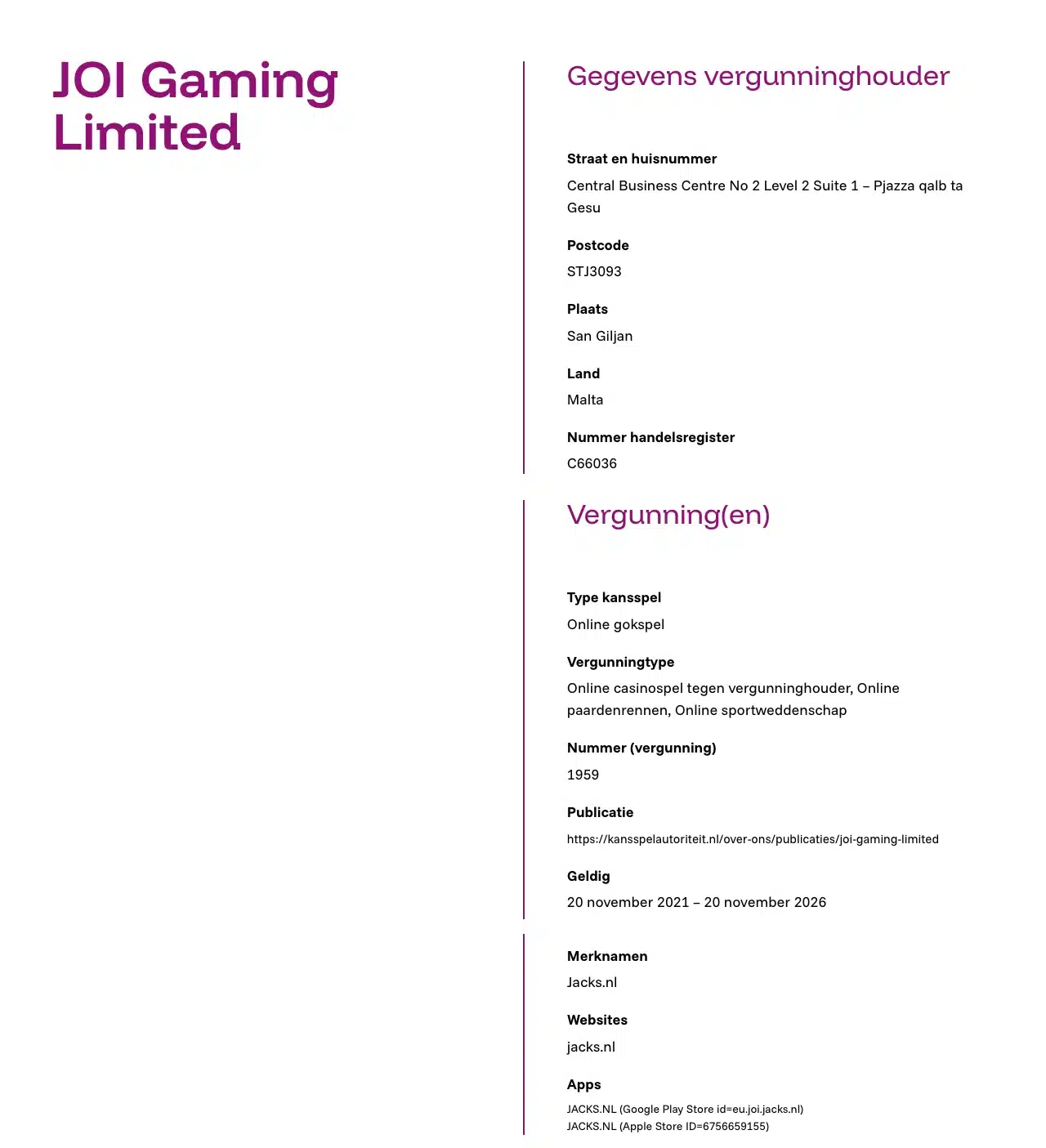Historische registerpagina van JOI Gaming Limited met JACKS.NL en de apps