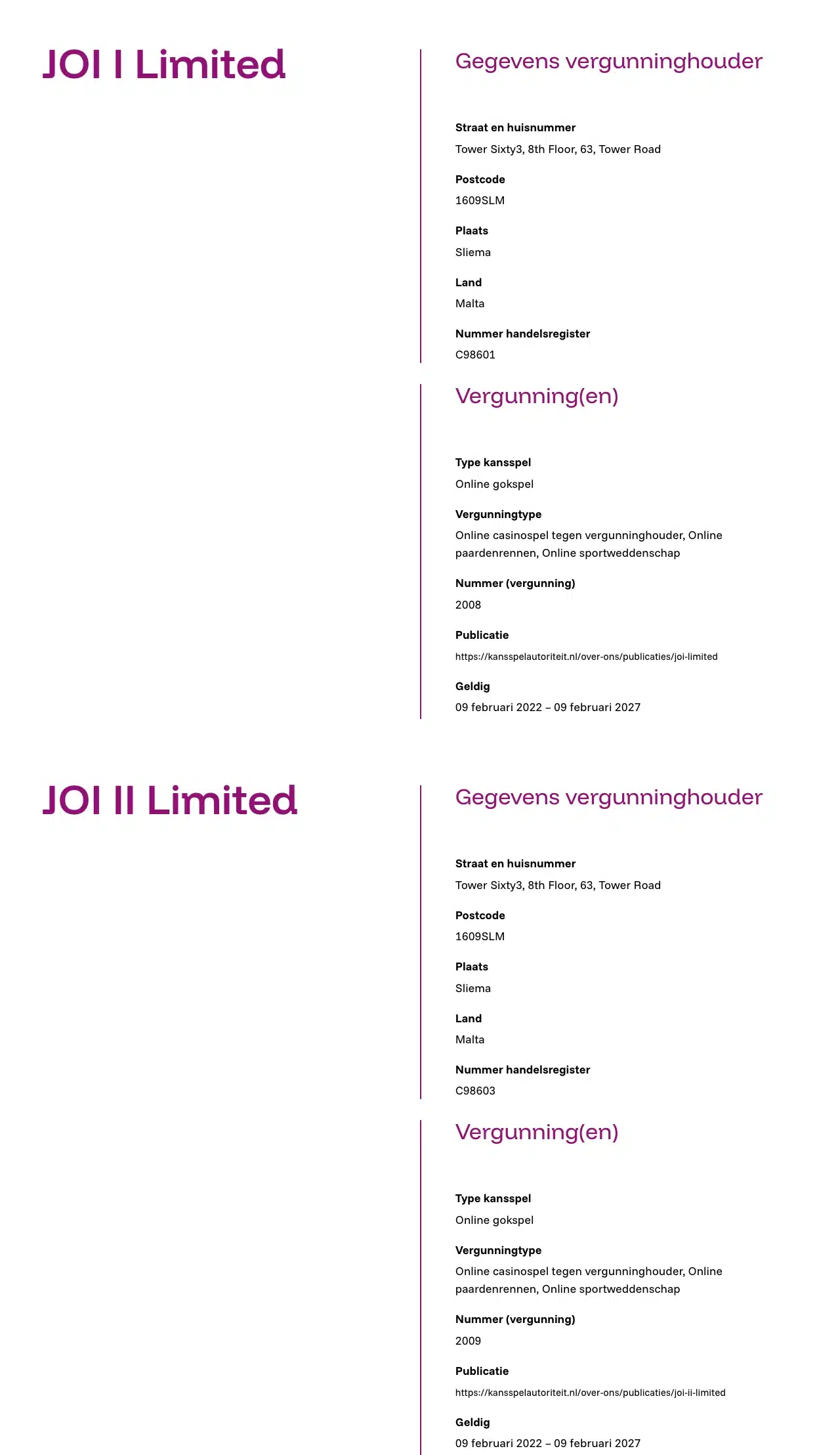 De registerpagina's van JOI I Limited en JOI II Limited