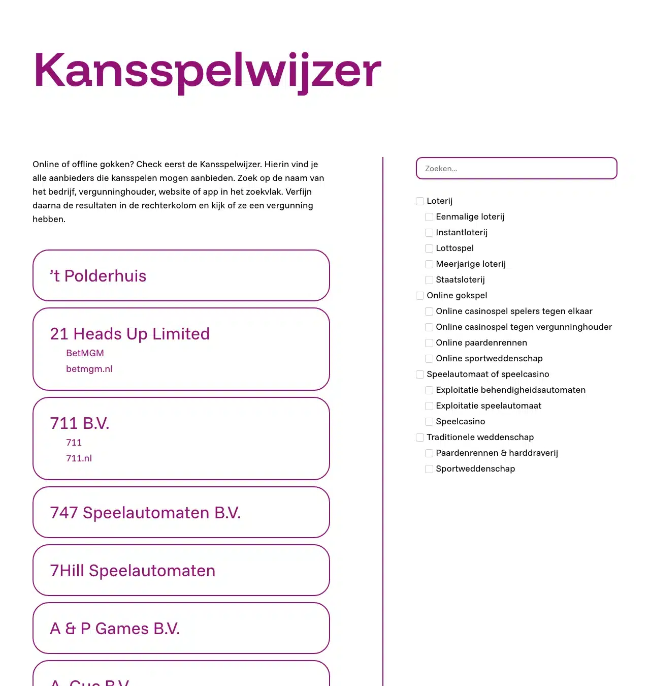 Het zoekscherm van de Kansspelwijzer met de filters voor online gokspel