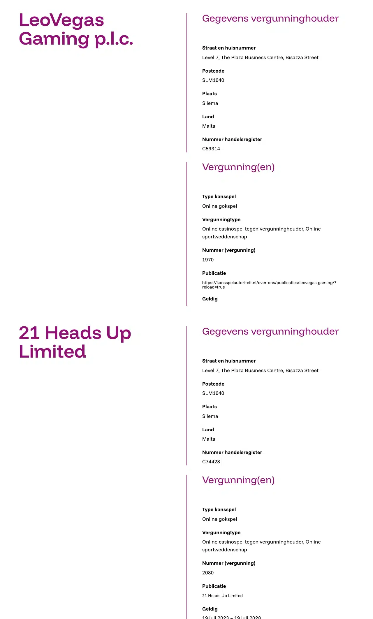 De registerpagina's van LeoVegas Gaming en 21 Heads Up Limited