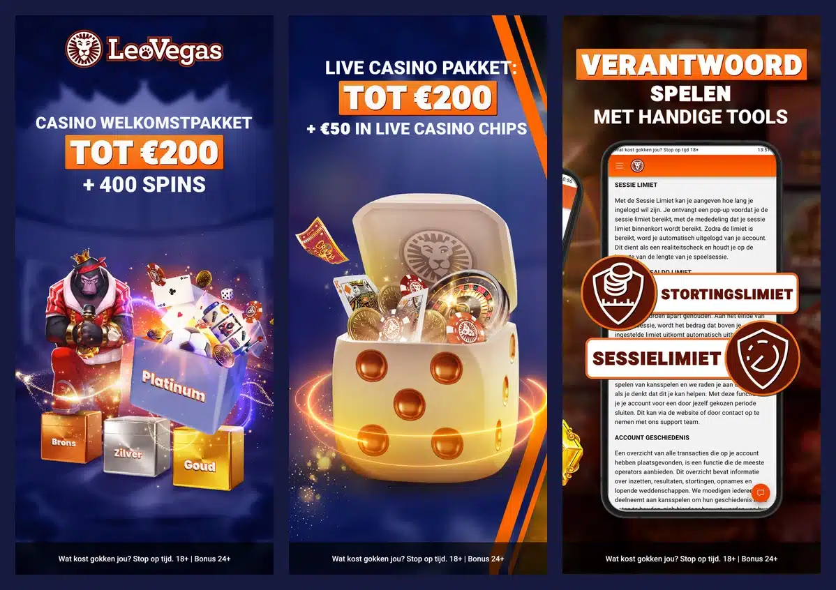 Officiële Nederlandse app-afbeeldingen van LeoVegas met het welkomstpakket en de speellimieten