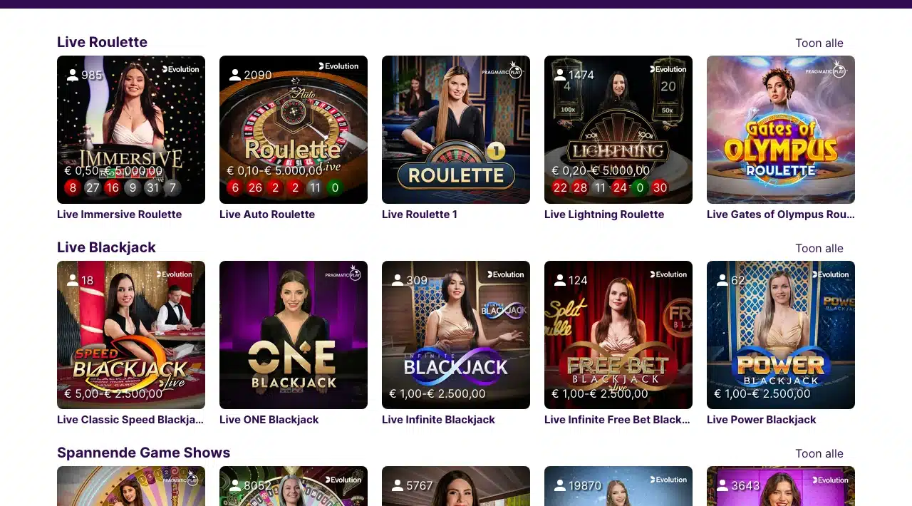 Live casino lobby waarin elke tafel het label van dezelfde leverancier draagt
