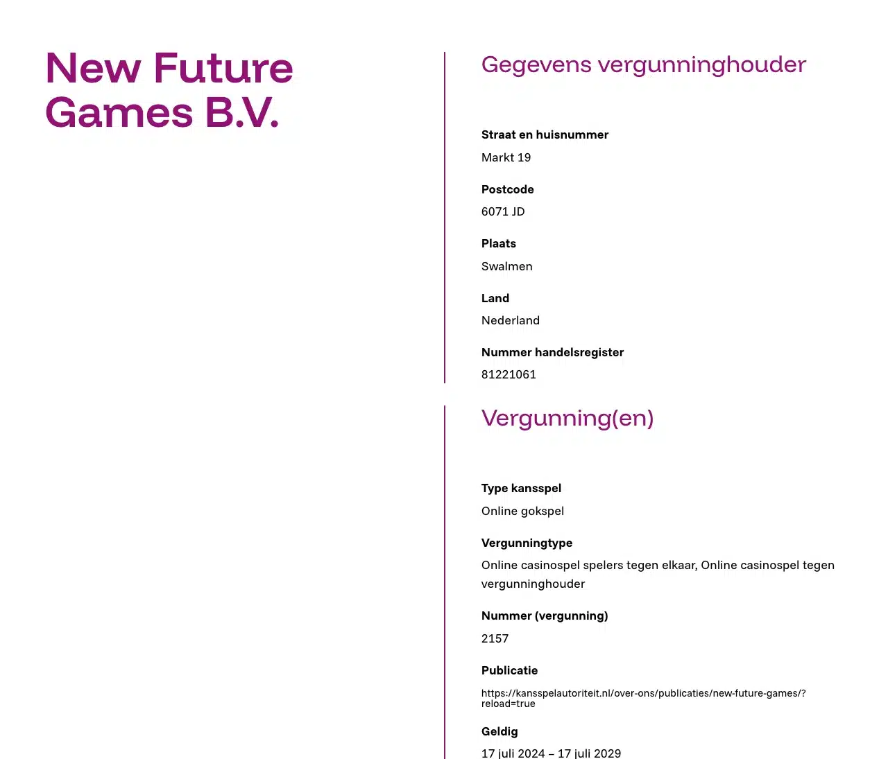 De registerpagina van New Future Games B.V.