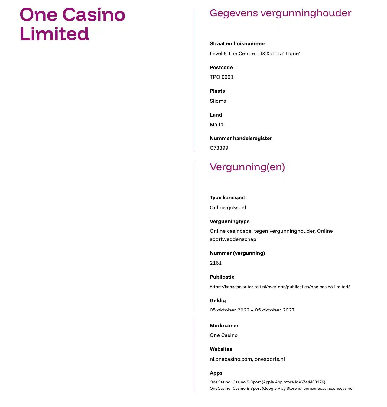Historische registerpagina van One Casino Limited met de twee domeinen en de app