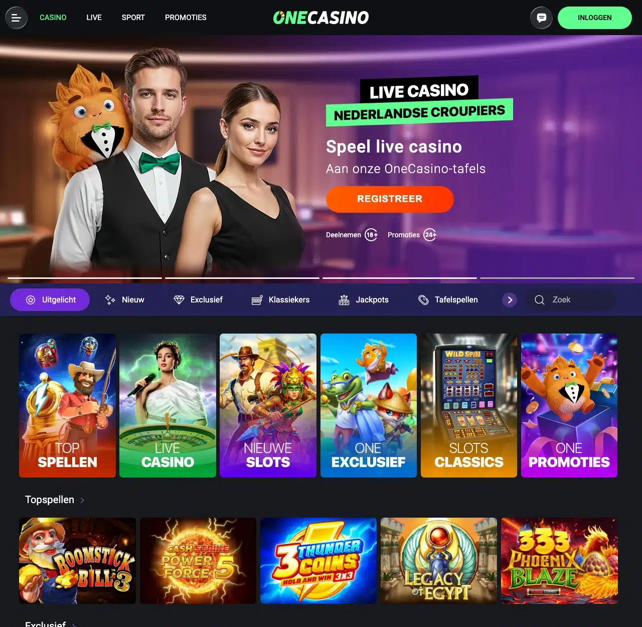 OneCasino in augustus 2026 met de onderdelen Sport, Casino en Live Casino