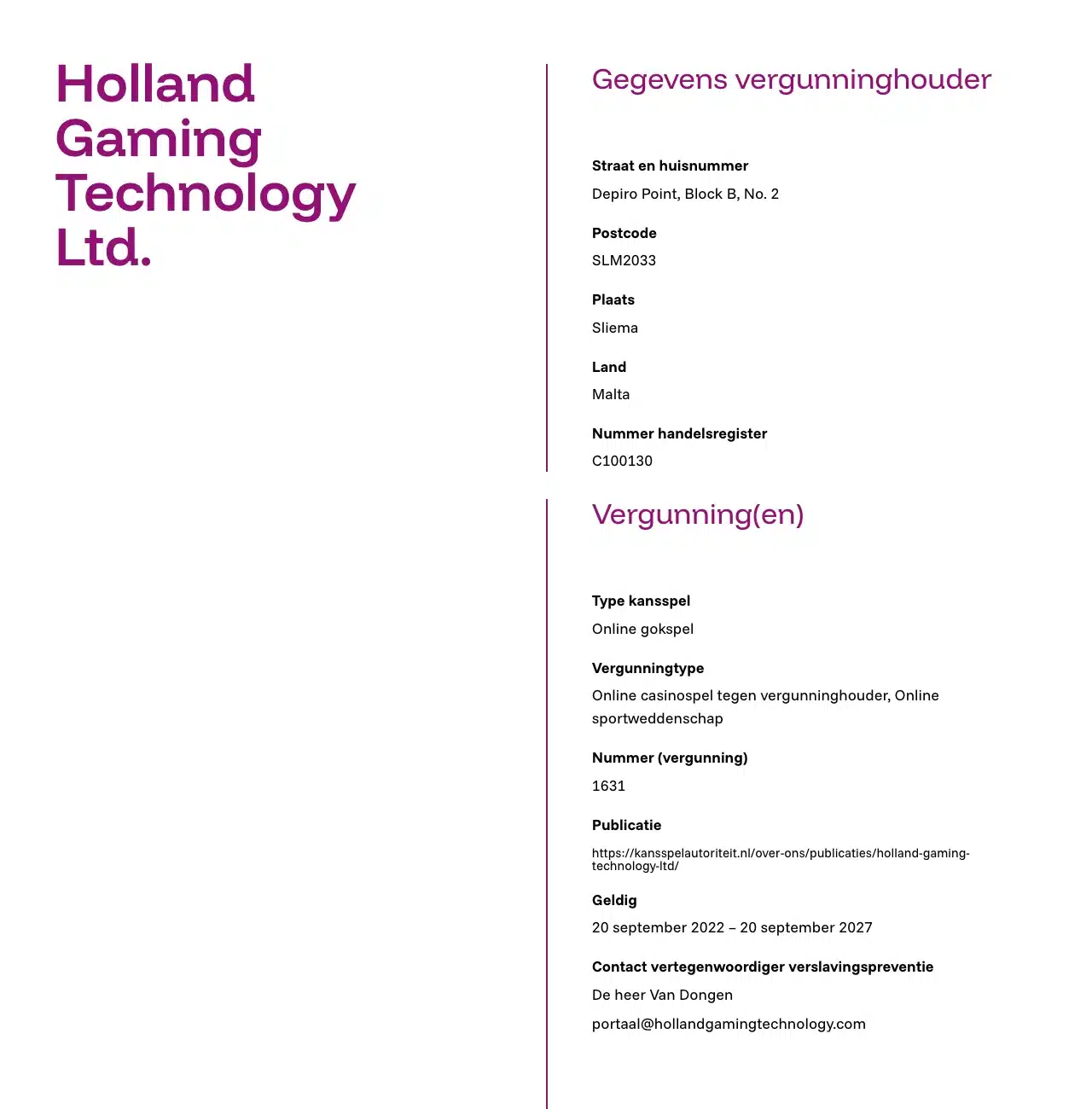 Historische registerpagina van Holland Gaming Technology