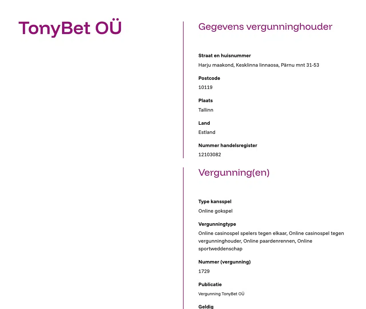 De registerpagina van TonyBet met alle vier de vergunningscategorieen