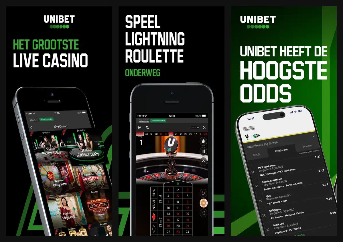 Officiële Nederlandse app-afbeeldingen van Unibet casino en sportsbook