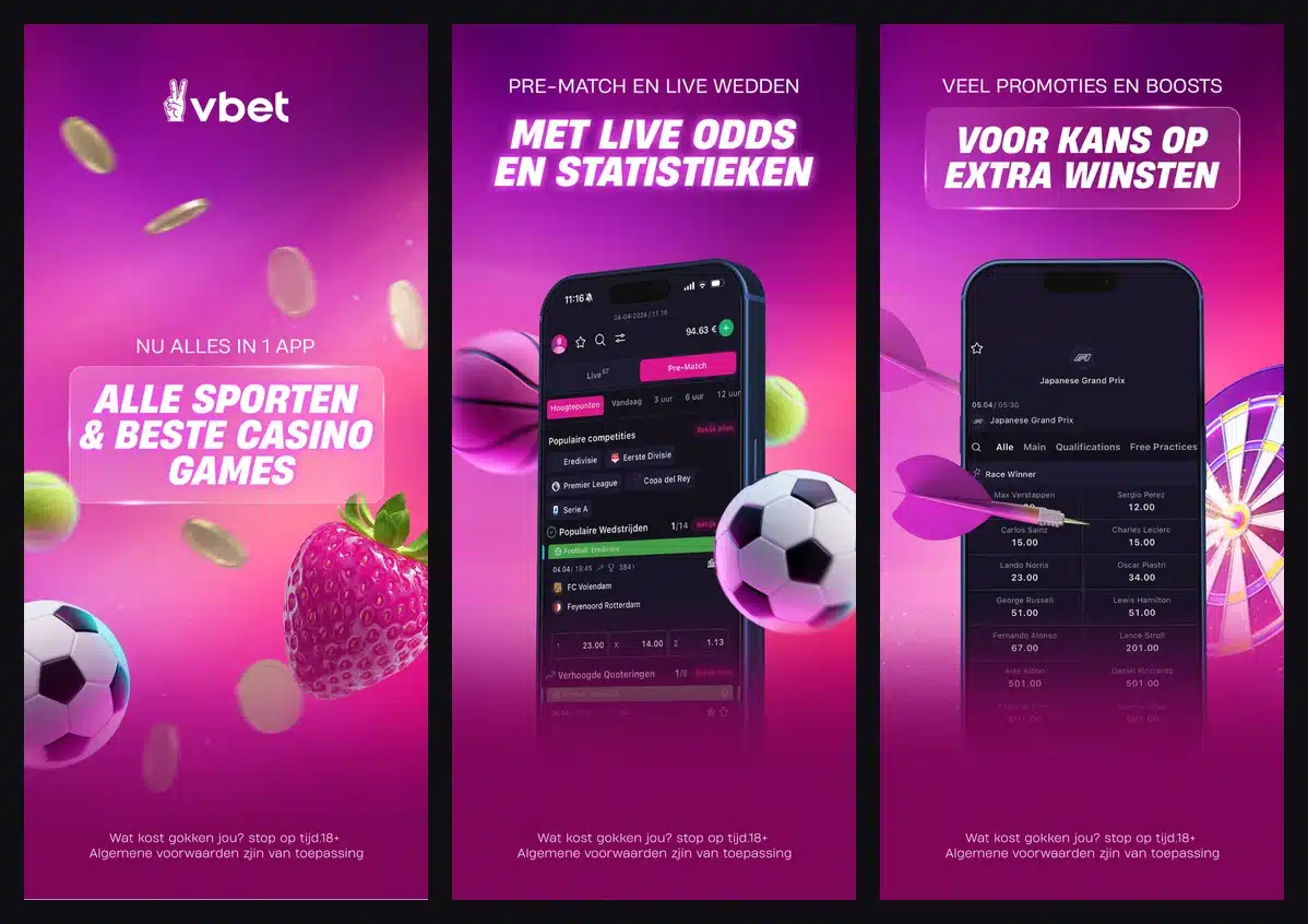 Historische Vbet-appbeelden met drie roze panelen