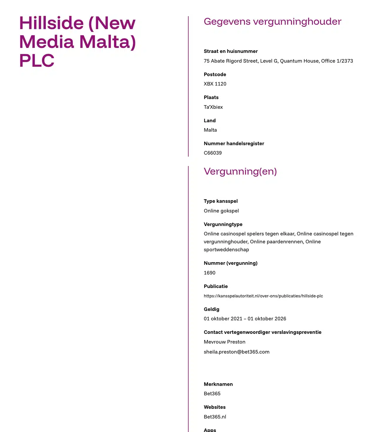 Historische registerpagina van Hillside