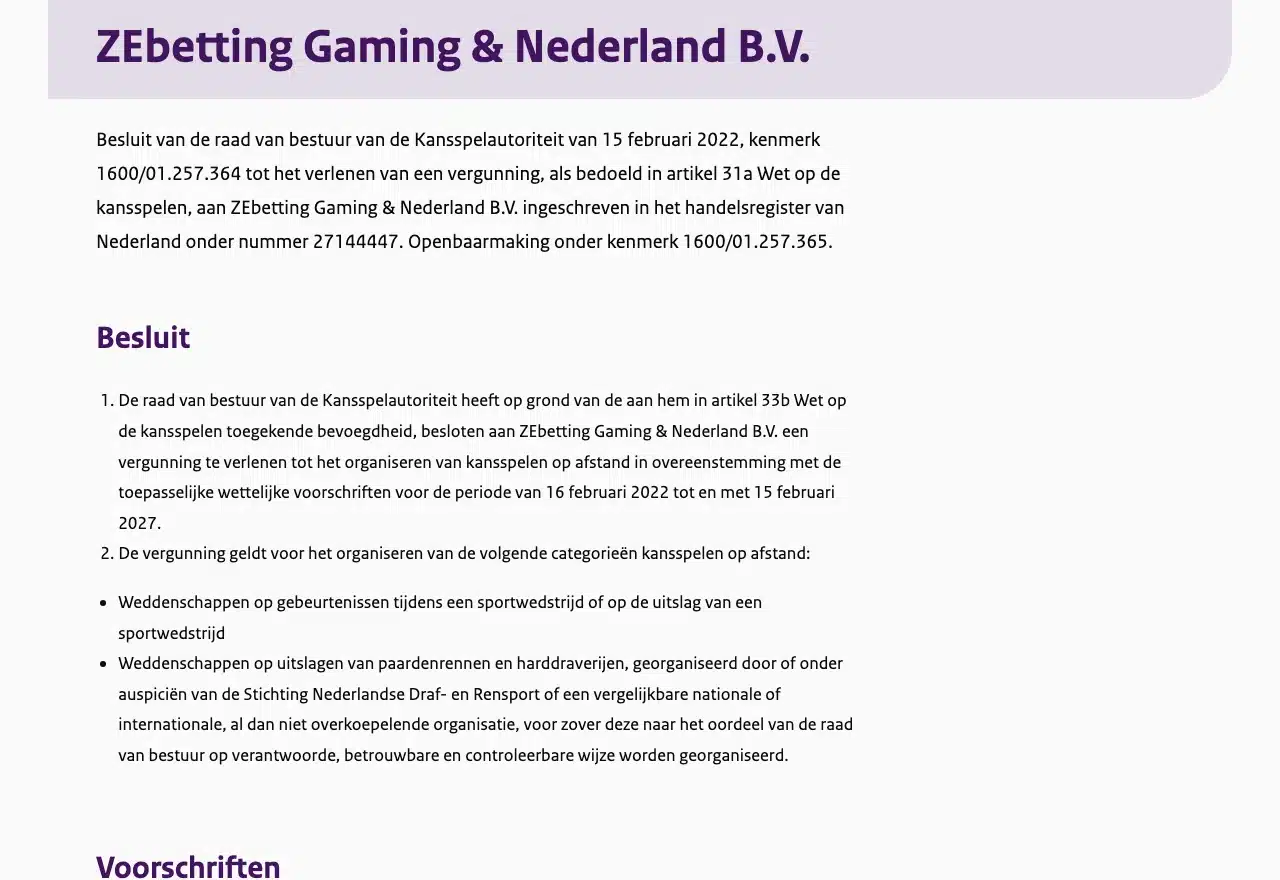 Het besluit van de Kansspelautoriteit voor ZEbetting en Gaming Nederland