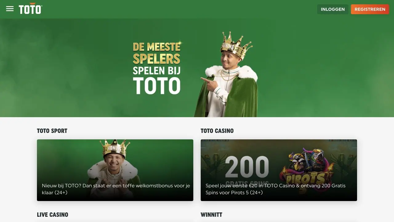 Eerdere TOTO-homepage met afzonderlijke onderdelen voor Sport en Casino