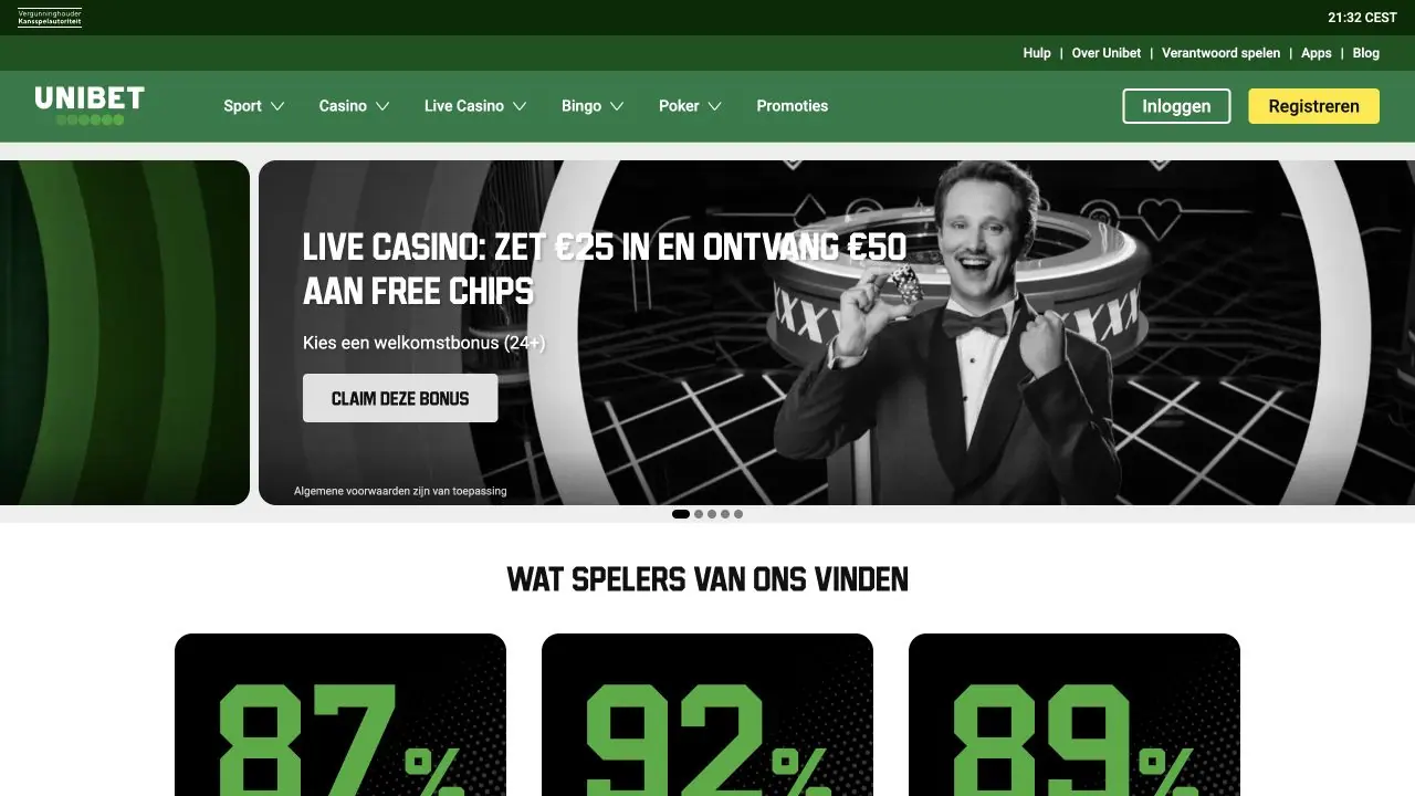 Eerdere Nederlandse Unibet-homepage met Sport, Casino, Live Casino, Bingo en Poker