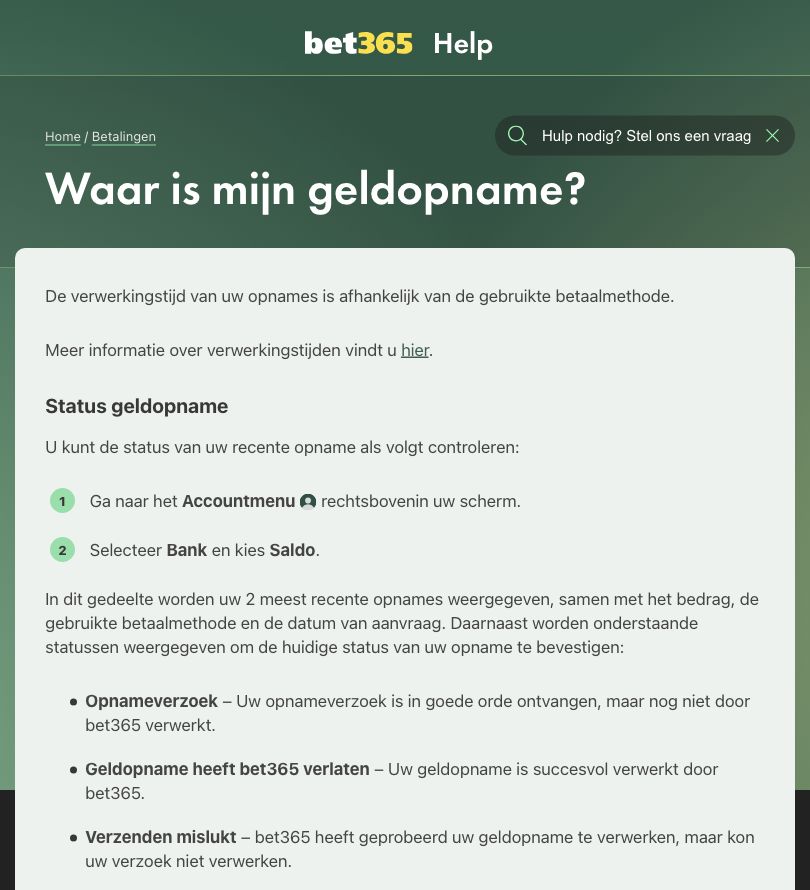 Nederlandse bet365-hulppagina met de verschillende statussen van een geldopname