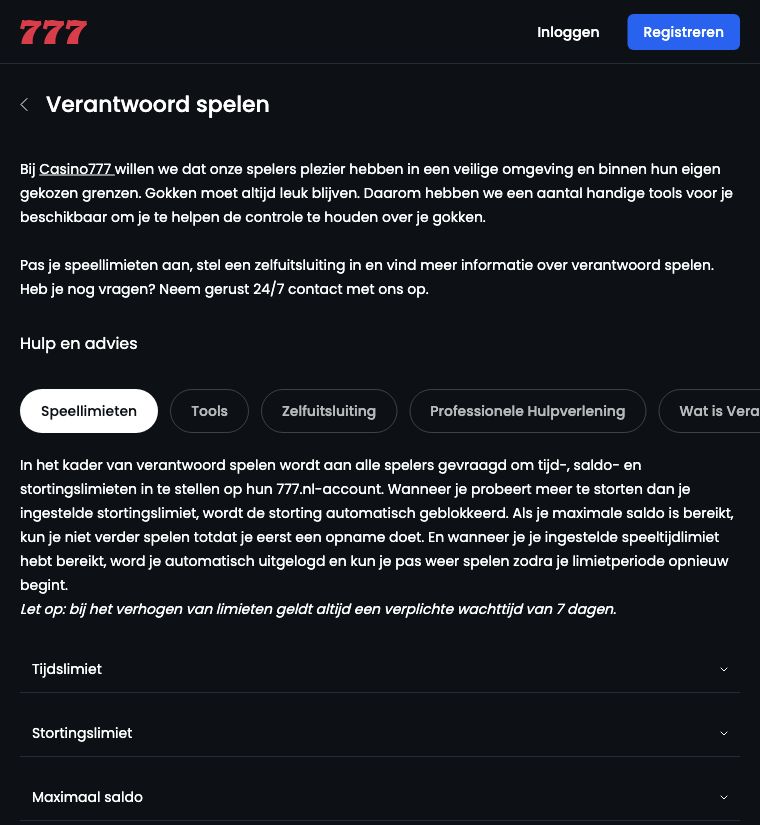 Casino777: uitleg over tijd-, stortings- en saldolimieten