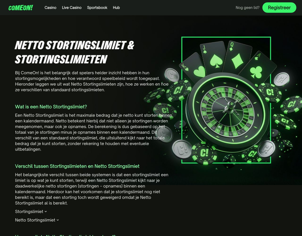 Nederlandstalige uitleg van ComeOn over het verschil tussen stortingslimieten