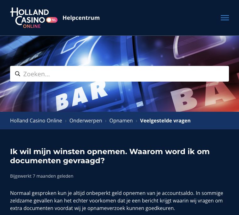 Holland Casino Online: uitleg over documenten bij een opnameverzoek