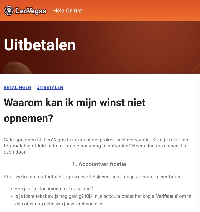 LeoVegas Help Centre met Nederlandstalige uitleg over opnameproblemen en accountverificatie