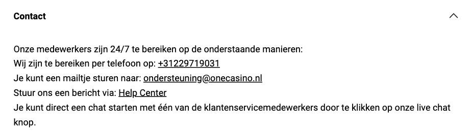 Contactgegevens van OneCasino met telefoon, e-mail, helpcentrum en chat