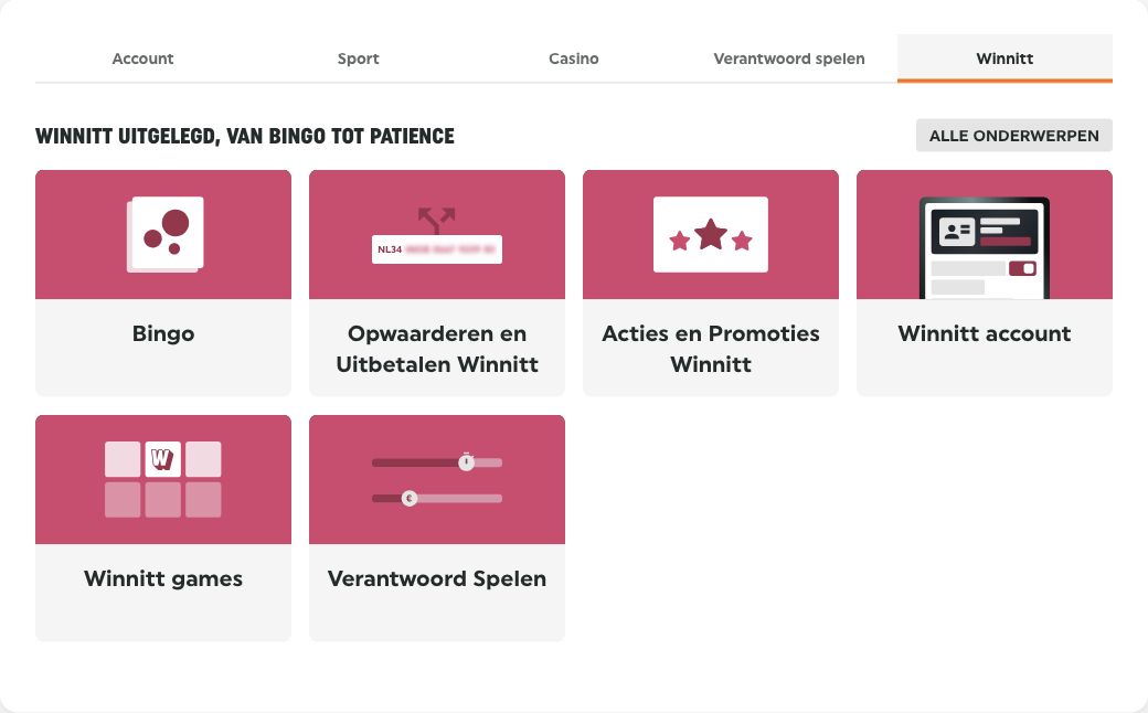 De afzonderlijke Winnitt-rubriek in het TOTO-helpcentrum met onderwerpen over accounts, uitbetaling en bescherming